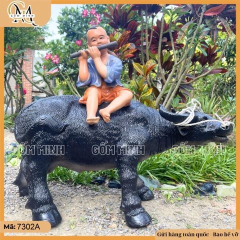 Tượng Mục đồng chăn trâu cao 54cm kiểu thổi sáo, đọc sách size đại gốm Bát Tràng sắc nét từng chi tiết