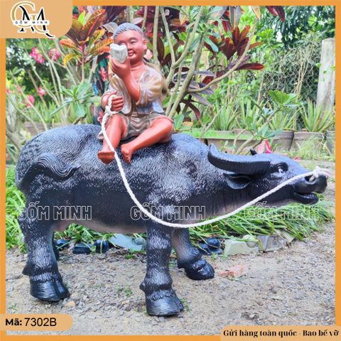 Tượng Mục đồng chăn trâu cao 54cm kiểu thổi sáo, đọc sách size đại gốm Bát Tràng sắc nét từng chi tiết