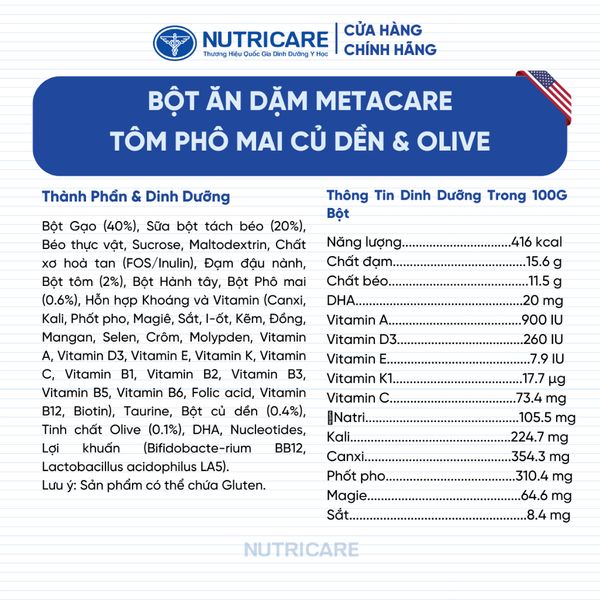 Bột Ăn Dặm Nutricare Metacare Tôm Phô Mai Củ Dền & Olive 200g