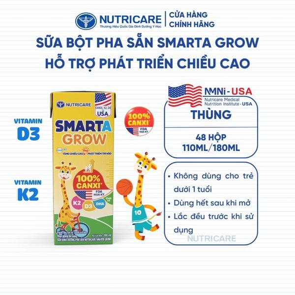 Thùng 48 Hộp Sữa Bột Pha Sẵn SMARTA GROW Nutricare Tăng Chiều Cao Phát Triển Trí Não Tăng Sức Đề Kháng Cho Bé Từ 1 Tuổi