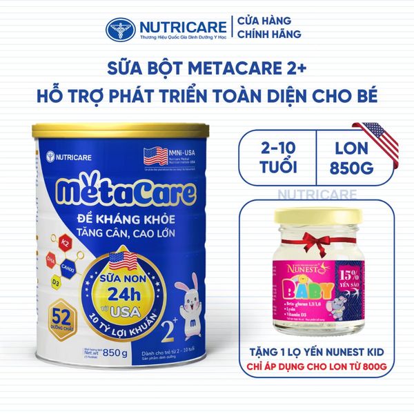 Sữa Bột METACARE 2+ Nutricare Giúp Bé Tăng Cân Phát Triển Chiều Cao Tăng Cường Sức Đề Kháng Bé 2-10 Tuổi 850G/Lon