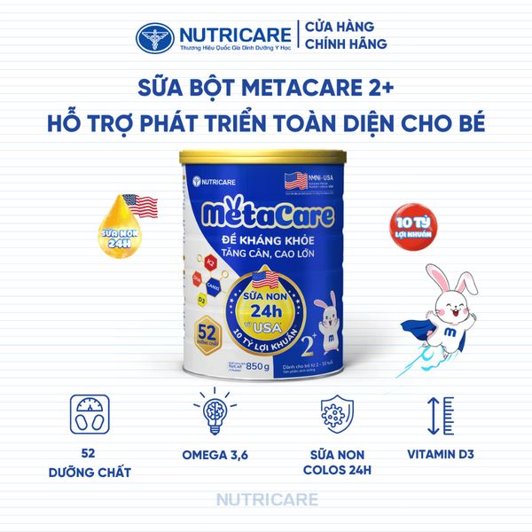 Sữa Bột METACARE 2+ Nutricare Giúp Bé Tăng Cân Phát Triển Chiều Cao Tăng Cường Sức Đề Kháng Bé 2-10 Tuổi 850G/Lon