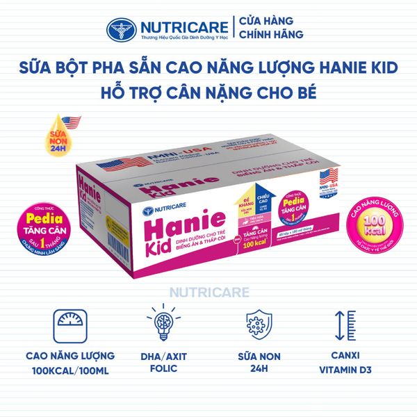Thùng 48 Hộp Sữa Bột Pha Sẵn HANIE KID Nutricare Bé Suy Dinh Dưỡng Biếng Ăn Thấp Còi, Sữa Non Cao Năng Lượng Từ 1 Tuổi