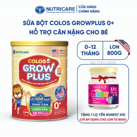 Sữa Bột GROW PLUS 0+ Colos 24h Bé Tăng Cân Phát Triển Chiều Cao Tăng Cường Đề Kháng và Tiêu Hoá Từ 0-12 Tháng 800G/Lon
