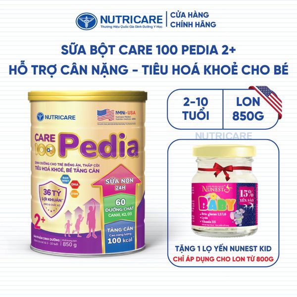 Sữa Bột CARE 100 GOLD PEDIA 2+ Nutricare Hỗ Trợ Tăng Cân Tăng Cường Miễn Dịch Tiêu Hoá Khoẻ Chứa Sữa Non 24h Cho Bé 850G