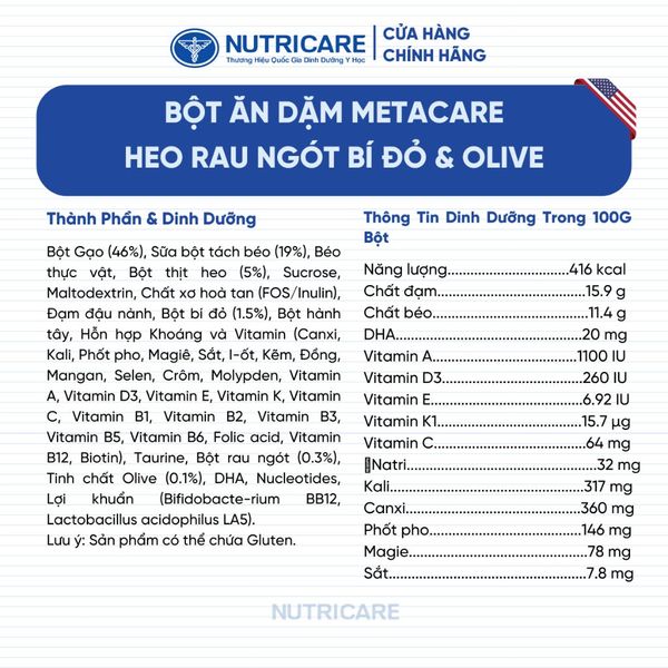 Bột Ăn Dặm Nutricare Metacare Heo Rau Ngót Bí Đỏ & Olive 200g