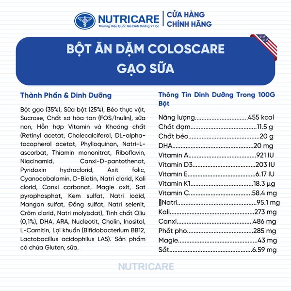 Bột Ăn Dặm NUTRICARE Coloscare Bổ Sung Sữa Non IgG 24H Tăng Cường Hệ Miễn Dịch Bé Ăn Ngon Tiêu Hoá Khoẻ 200G