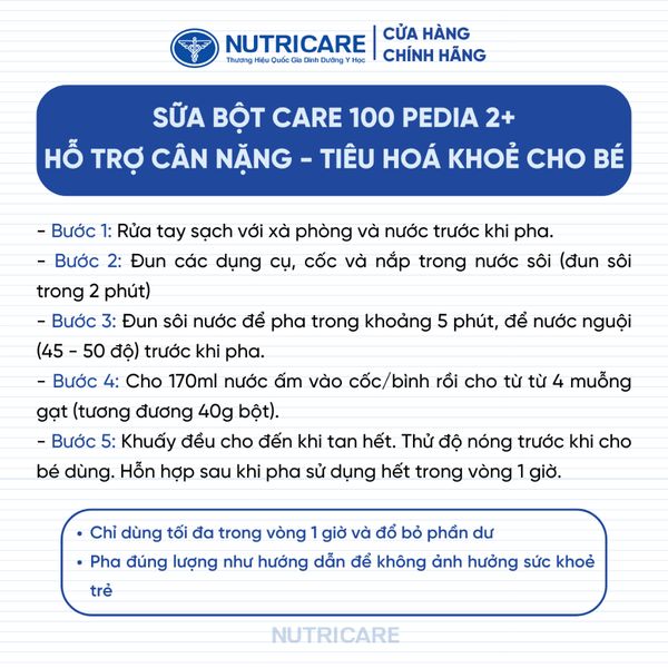 Sữa Bột CARE 100 GOLD PEDIA 2+ Nutricare Hỗ Trợ Tăng Cân Tăng Cường Miễn Dịch Tiêu Hoá Khoẻ Chứa Sữa Non 24h Cho Bé 850G