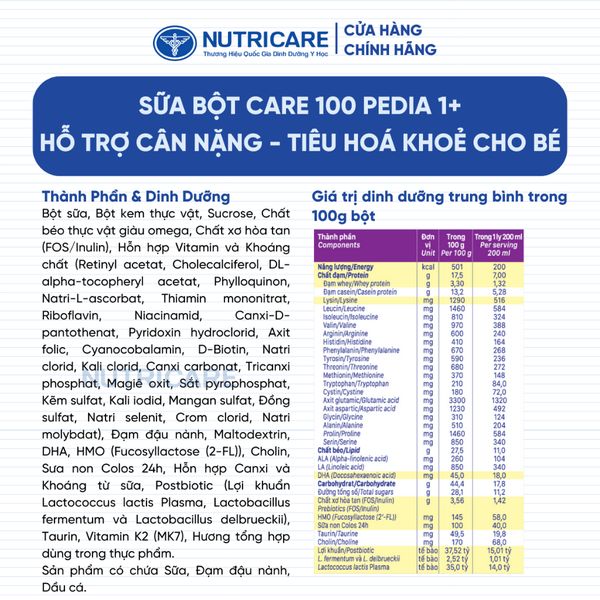 Sữa Bột CARE 100 GOLD PEDIA 1+ Nutricare Hỗ Trợ Tăng Cân Tăng Cường Miễn Dịch Tiêu Hoá Khoẻ Chứa Sữa Non 24h Cho Bé 850G