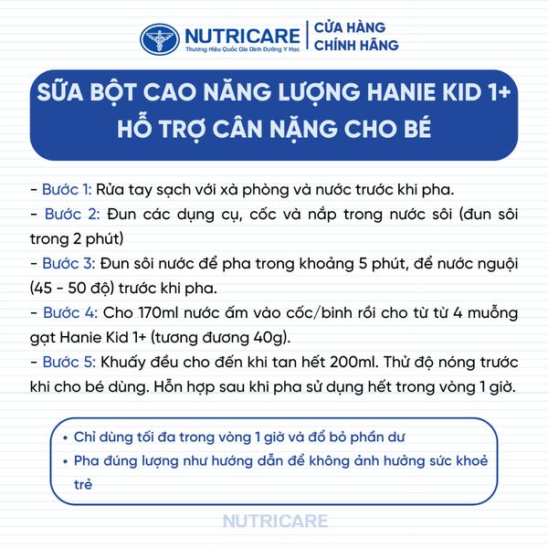 Sữa Bột HANIE KID 1+ Nutricare Cho Bé Suy Dinh Dưỡng Biếng Ăn Thấp Còi, Sữa Non 24H Cao Năng Lượng Từ 1-2 Tuổi 850G