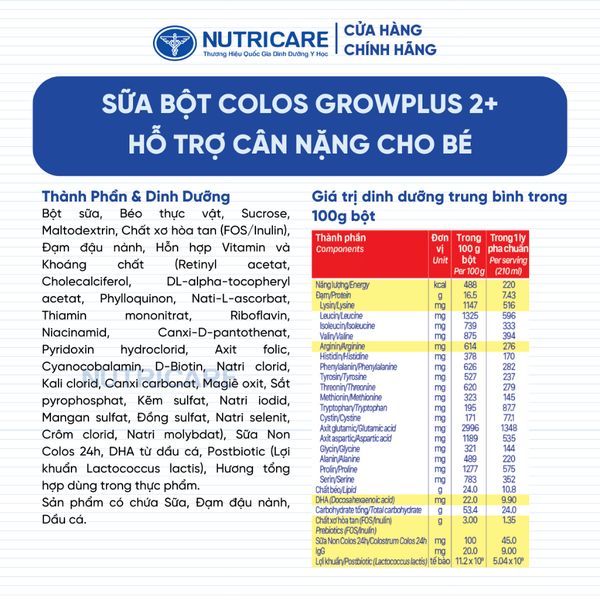 Sữa Bột GROW PLUS Colos 24h Nutricare Từ 0-10 Tuổi Giúp Bé Tăng Cân Phát Triển Chiều Cao Tăng Cường Đề Kháng và Tiêu Hoá