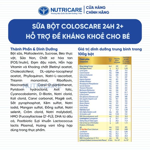 Sữa Bột COLOSCARE 24H 2+ Nutricare Bé Tăng Cân Cao Lớn Đề Kháng Khoẻ Tiêu Hoá Tốt Với Sữa Non 24h IgG 1200+ Từ 2-10 Tuổi