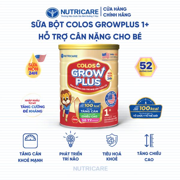 Sữa Bột GROW PLUS 1+ Colos 24h Bé Tăng Cân Phát Triển Chiều Cao Tăng Cường Đề Kháng và Tiêu Hoá Bé Từ 1-2 Tuổi 850G/Lon