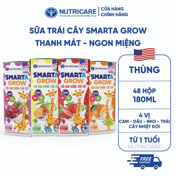 Thùng 48 Hộp Sữa Trái Cây SMARTA GROW Nutricare 180ML Giúp Bé Phát Triển Chiều Cao Xương Chắc Khoẻ Cho Bé Từ 1 Tuổi