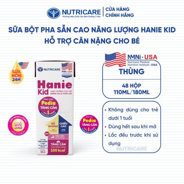 Thùng 48 Hộp Sữa Bột Pha Sẵn HANIE KID Nutricare Bé Suy Dinh Dưỡng Biếng Ăn Thấp Còi, Sữa Non Cao Năng Lượng Từ 1 Tuổi