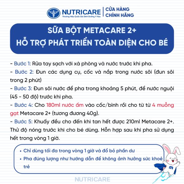Sữa Bột METACARE 2+ Nutricare Giúp Bé Tăng Cân Phát Triển Chiều Cao Tăng Cường Sức Đề Kháng Bé 2-10 Tuổi 850G/Lon