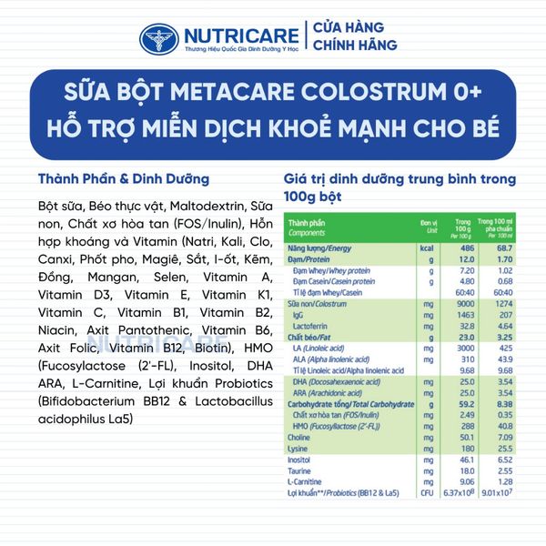 Sữa Bột METACARE COLOSTRUM 0+ Nutricare Tăng Cường Hệ Miễn Dịch Sức Đề Kháng Bé Từ 0-12 Tháng Tuổi Với Sữa Non IgG 1450+