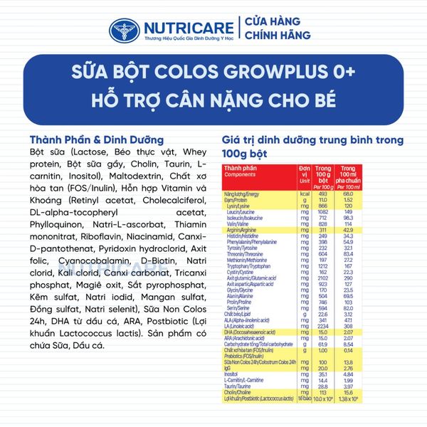Sữa Bột GROW PLUS 0+ Colos 24h Bé Tăng Cân Phát Triển Chiều Cao Tăng Cường Đề Kháng và Tiêu Hoá Từ 0-12 Tháng 800G/Lon