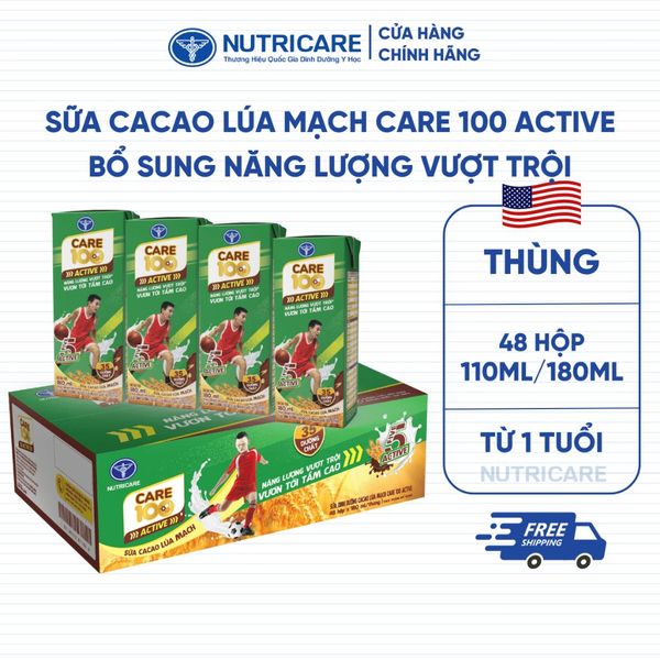Thùng 48 Hộp Sữa Cacao Lúa Mạch CARE 100 ACTIVE Nutricare Phát Triển Chiều Cao Cơ Xương Khớp Dành Cho Trẻ Từ 3 Tuổi