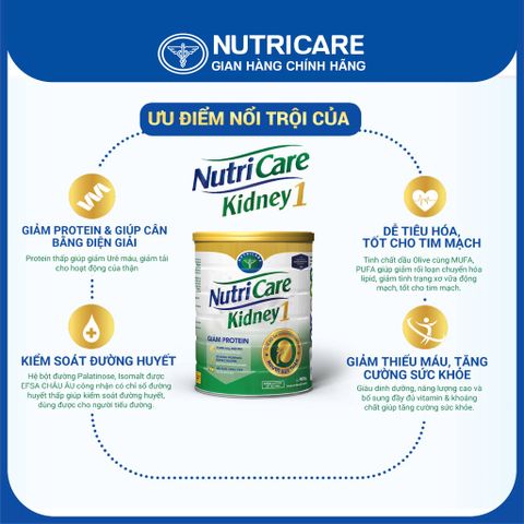 Sữa Bột Nutricare KIDNEY 1 Dinh Dưỡng Cho Người Suy Thận Giảm Protein Kiểm Soát Đường Huyết và Tăng Cường Sức Khoẻ