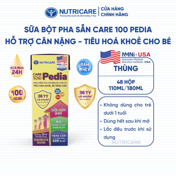 [BAO BÌ CẢI TIẾN] Thùng 48 Hộp Sữa Bột Pha Sẵn CARE 100 PEDIA Nutricare Cho Bé Từ 1 Tuổi Hỗ Trợ Phát Triển Cân Nặng
