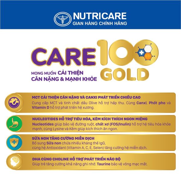 Sữa Bột CARE 100 GOLD GROW 0+ Nutricare Phát Triển Chiều Cao Trí Não Tăng Cân Tăng Cường Miễn Dịch Bé 0-12 Tháng 800G