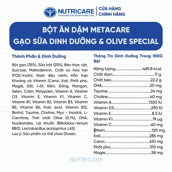Bột Ăn Dặm Nutricare Metacare Gạo Sữa Dinh Dưỡng & Olive Special 200g
