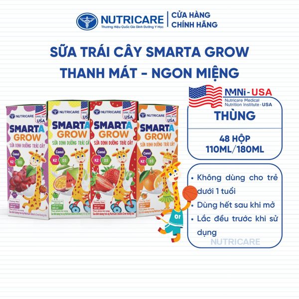 Thùng 48 Hộp Sữa Trái Cây SMARTA GROW Nutricare 180ML Giúp Bé Phát Triển Chiều Cao Xương Chắc Khoẻ Cho Bé Từ 1 Tuổi