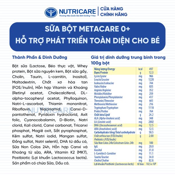 Sữa Bột METACARE 0+ Nutricare Giúp Bé Tăng Cân Phát Triển Chiều Cao Tăng Cường Sức Đề Kháng Bé 0-12 Tháng Tuổi 800G/Lon