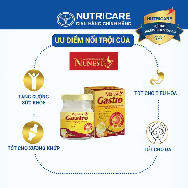 Nước Yến Sào NUNEST GASTRO 15% Tổ Yến Cho Người Viêm Loét Dạ Dày Tá Tràng Rối Loạn Tiêu Hoá, Tiêu Hoá Kém 70ML/HŨ