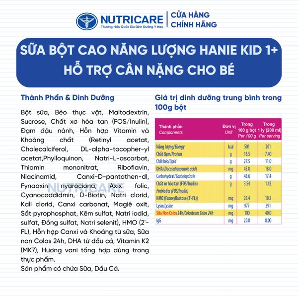 Sữa Bột HANIE KID 1+ Nutricare Cho Bé Suy Dinh Dưỡng Biếng Ăn Thấp Còi, Sữa Non 24H Cao Năng Lượng Từ 1-2 Tuổi 850G