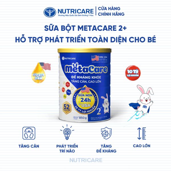 Sữa Bột METACARE 2+ Nutricare Giúp Bé Tăng Cân Phát Triển Chiều Cao Tăng Cường Sức Đề Kháng Bé 2-10 Tuổi 850G/Lon