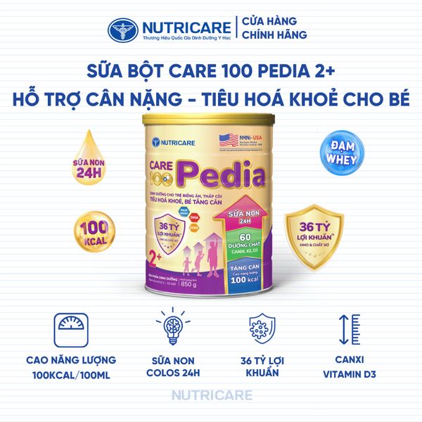 Sữa Bột CARE 100 GOLD PEDIA 2+ Nutricare Hỗ Trợ Tăng Cân Tăng Cường Miễn Dịch Tiêu Hoá Khoẻ Chứa Sữa Non 24h Cho Bé 850G