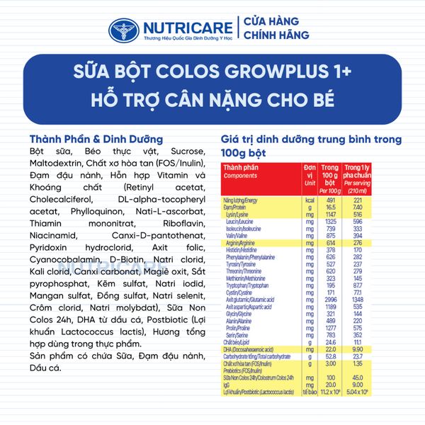 Sữa Bột GROW PLUS Colos 24h Nutricare Từ 0-10 Tuổi Giúp Bé Tăng Cân Phát Triển Chiều Cao Tăng Cường Đề Kháng và Tiêu Hoá