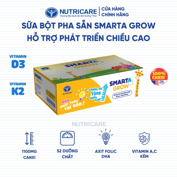 Thùng 48 Hộp Sữa Bột Pha Sẵn SMARTA GROW Nutricare Tăng Chiều Cao Phát Triển Trí Não Tăng Sức Đề Kháng Cho Bé Từ 1 Tuổi