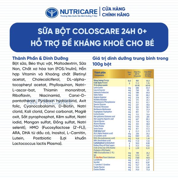 Sữa Bột COLOSCARE 24H 0+ Nutricare Tăng Cân Cao Lớn Đề Kháng Khoẻ Tiêu Hoá Tốt Với Sữa Non 24h IgG 1200+ Từ 0-12 Tháng
