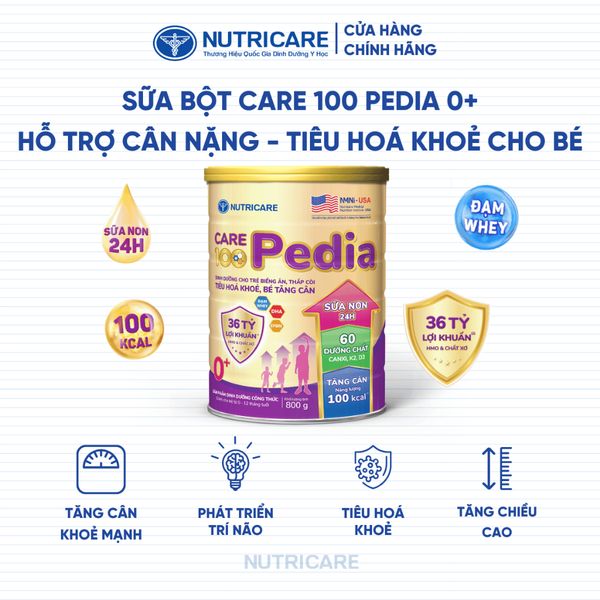 Sữa Bột CARE 100 GOLD PEDIA Nutricare Hỗ Trợ Tăng Cân Tiêu Hoá Khoẻ Chứa Sữa Non 24h Cho Bé Từ 0-10 Tuổi 850G