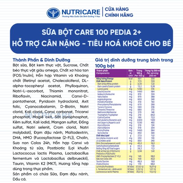 Sữa Bột CARE 100 GOLD PEDIA Nutricare Hỗ Trợ Tăng Cân Tiêu Hoá Khoẻ Chứa Sữa Non 24h Cho Bé Từ 0-10 Tuổi 850G