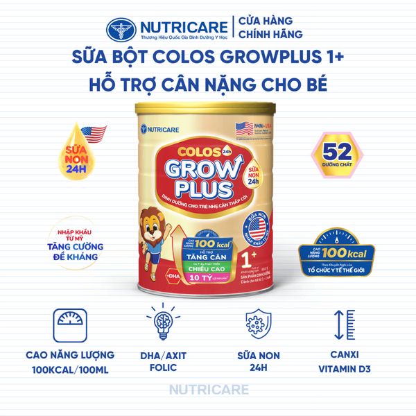 Sữa Bột GROW PLUS 1+ Colos 24h Bé Tăng Cân Phát Triển Chiều Cao Tăng Cường Đề Kháng và Tiêu Hoá Bé Từ 1-2 Tuổi 850G/Lon