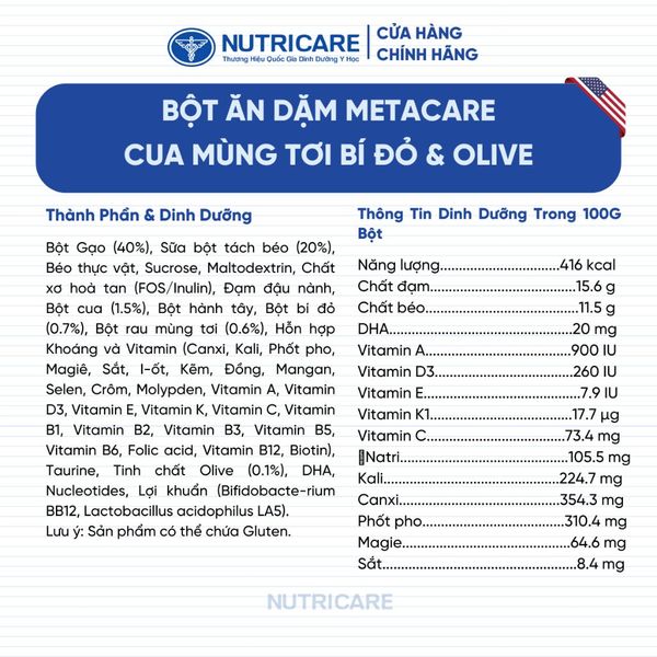 Bột Ăn Dặm Nutricare Metacare Cua Mùng Tơi Bí Đỏ & Olive 200g