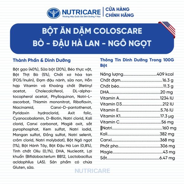 Bột Ăn Dặm NUTRICARE Coloscare Bổ Sung Sữa Non IgG 24H Tăng Cường Hệ Miễn Dịch Bé Ăn Ngon Tiêu Hoá Khoẻ 200G