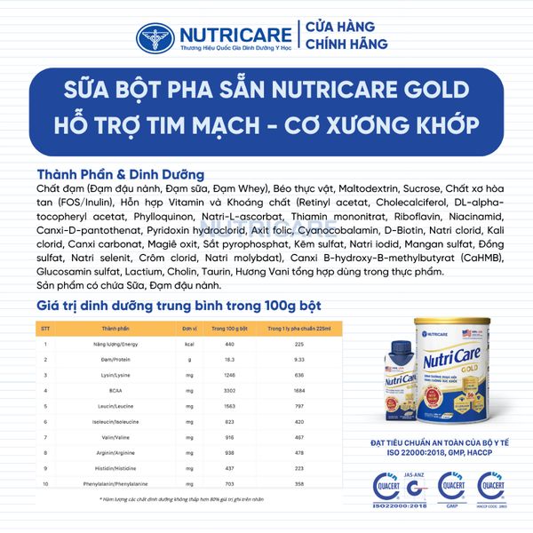 Sữa Bột Nutricare GOLD Giúp Ngủ Ngon Tiêu Hoá Khoẻ Tăng Cường Chức Năng Cơ Xương Khớp Dễ Hấp Thụ và Tiêu Hoá 850G/Lon