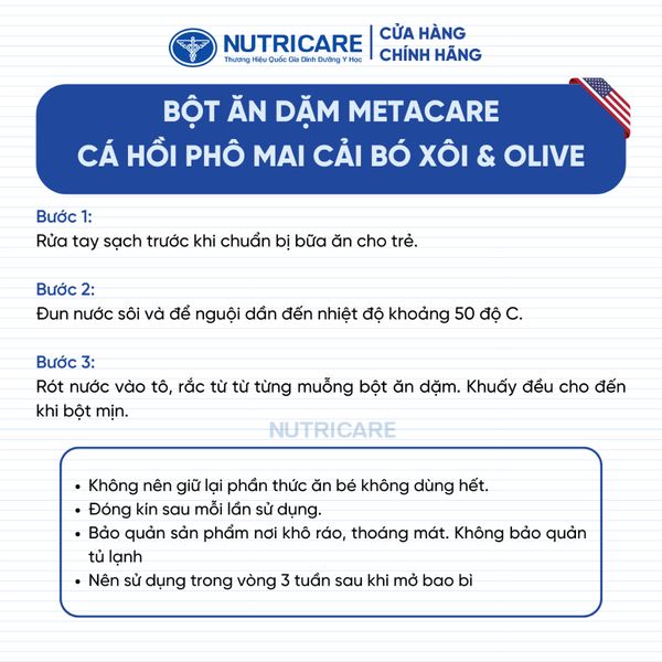 Bột Ăn Dặm Nutricare Metacare Cá Hồi Phô Mai Cải Bó Xôi & Olive 200g