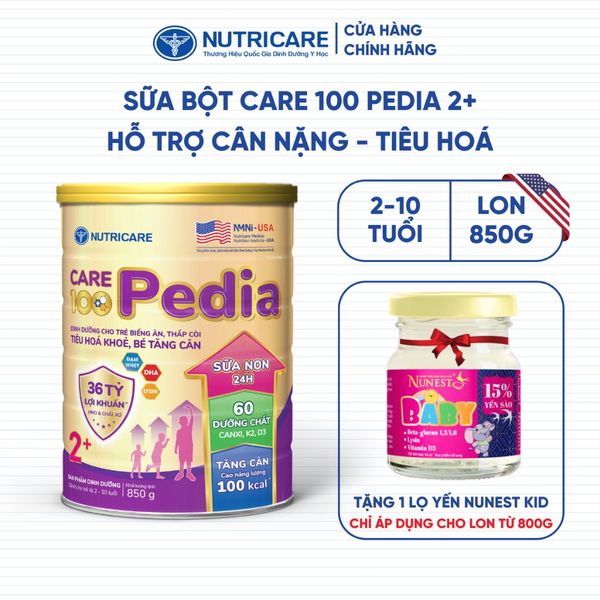 Sữa Bột CARE 100 GOLD PEDIA Nutricare Hỗ Trợ Tăng Cân Tiêu Hoá Khoẻ Chứa Sữa Non 24h Cho Bé Từ 0-10 Tuổi 850G