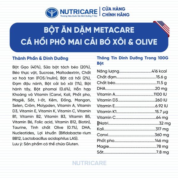Bột Ăn Dặm Nutricare Metacare Cá Hồi Phô Mai Cải Bó Xôi & Olive 200g