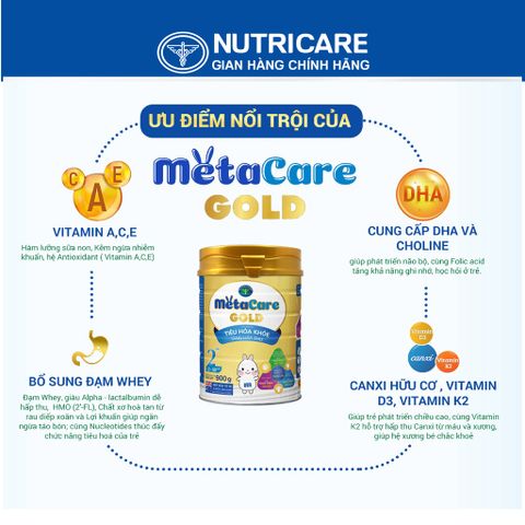 [Tặng 2 lọ yến] Sữa bột Nutricare MetaCare Gold 2+ tiêu hóa khỏe tăng hấp thu 900g
