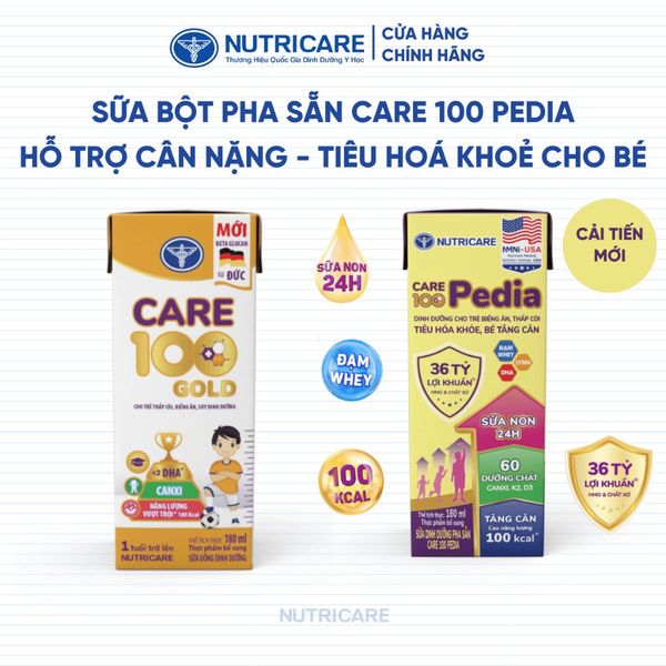 [BAO BÌ CẢI TIẾN] Thùng 48 Hộp Sữa Bột Pha Sẵn CARE 100 PEDIA Nutricare Cho Bé Từ 1 Tuổi Hỗ Trợ Phát Triển Cân Nặng