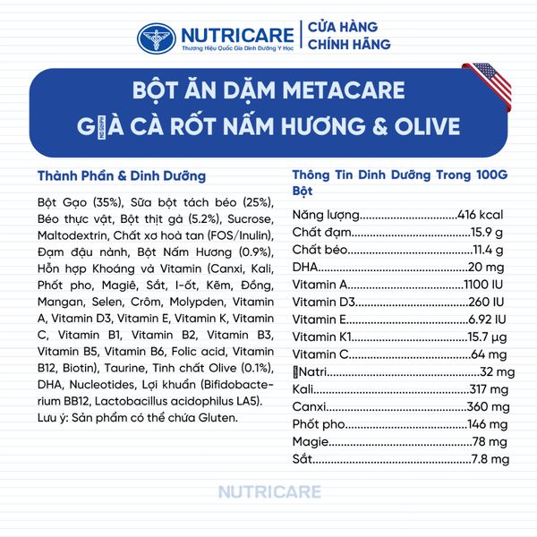 Bột Ăn Dặm Nutricare Metacare Gà Cà Rốt Nấm Hương & Olive 200g