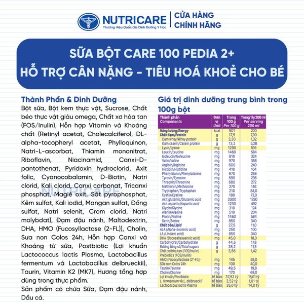 Sữa Bột CARE 100 GOLD PEDIA 2+ Nutricare Hỗ Trợ Tăng Cân Tăng Cường Miễn Dịch Tiêu Hoá Khoẻ Chứa Sữa Non 24h Cho Bé 850G