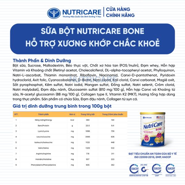 Sữa Bột Nutricare BONE Giúp Xương Khớp Chắc Khoẻ Tăng Cường Khối Cơ Sữa Giảm Đường Ít Ngọt 850G/Lon